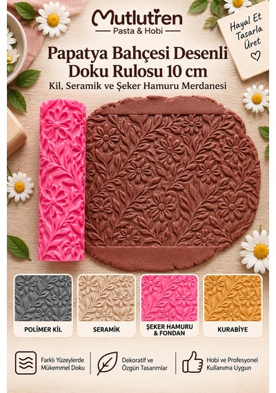 Papatya Bahçesi Desenli Doku Rulosu 10 Cm Kil, Seramik Ve Şeker Hamuru Merdanesi Çok Renkli