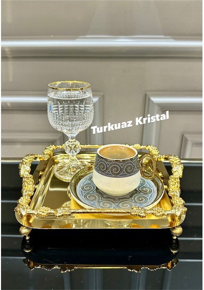 Kosova 2 Kişilik Porselen Zeugma Model Kahve Fincan Takımı Seti Gold