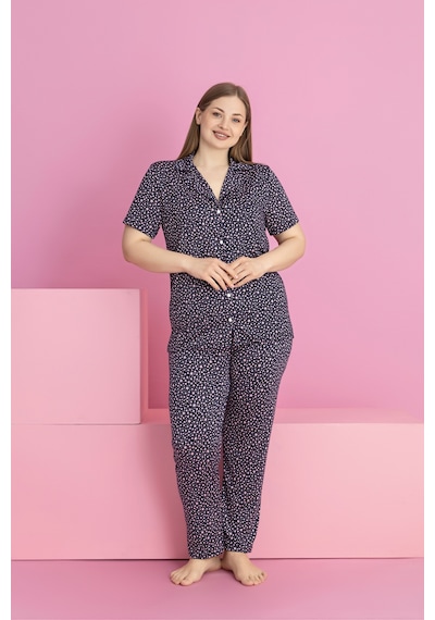 Rindahomewear Büyük Beden Minik Yıldız Desen Milan Düğmeli Pijama Takımı Lacivert1
