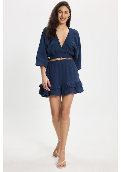 Tudors Kadın Oversize Geniş Kesim %100 Pamuk Kruvaze Yaka Crop Fırfırlı Lacivert Şort Etek Takım-50559