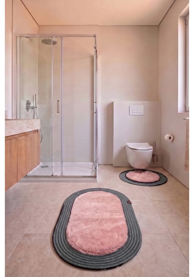 Banyo Paspası Takımı 60x100+60x60 Cm Düz Pembe & Antrasit Gri