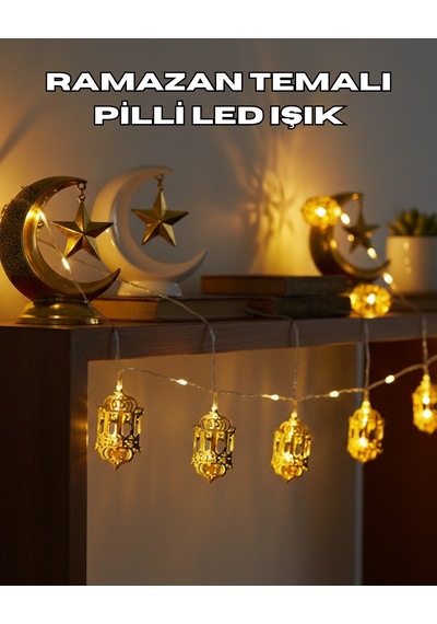Ramazan Dekoru İçin Pilli Led Işık Altın Fener Tasarımlı
