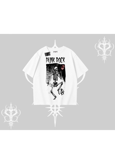 Startmore Startmore Oversize Tshirt Punk Rock Chaos Skeleton Riot Beyaz