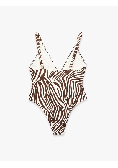Koton V Yaka Metal Aksesuarlı Zebra Desenli Mayo Kahverengi Desenli 6sak20125mm