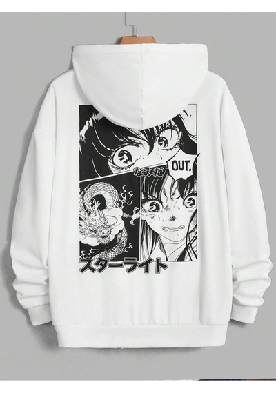 Startmore Adrift Unisex Kadın/erkek Beyaz Anime Out Baskılı Oversize Kapüşonlu Sweatshirt Beyaz
