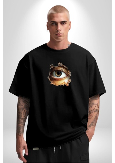 Duvardan Biri Bizi Gözetliyor Pamuklu Bisiklet Yaka Unisex Oversize Boyfriend Dijital Baskılı Siyah T-shirt Siyah