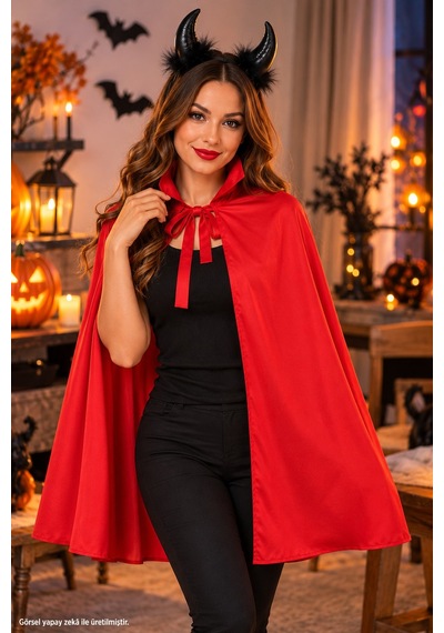 Cadılar Bayramı Şeytan Vampir Kostüm Seti Kırmızı Yakalı Pelerin 120 Cm Siyah Pelüş Boynuzlu Taç 2li Çok Renkli Cadılar Bayramı Şeytan Vampir Kostüm Seti Kırmızı Yakalı Pelerin 120 Cm Siyah Pelüş Boynuzlu Taç 2li Çok Renkli