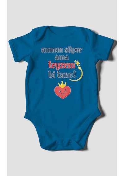Morivokids Annem Süper Ama Teyzem Bi Tane Kısa Kollu Bebek Body %100 Pamuk Koyu Mavi