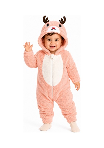 Tatlı Geyik Desenli Welsoft Bebek Tulumu Kapüşonlu Peluş Fermuarlı Kışlık Unisex Bebek Tulumu Somon