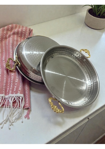 2 Li Krom Sahan Tavası Seti Gold Kulplu Dayanıklı Ve Şık Tasarım 21 Cm Gümüş