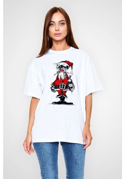 Wear Vexel Kadın Bisiklet Yaka Baskılı Kısa Kol Oversize T-shirt - Beyaz Çok Renkli