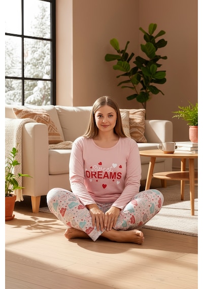 Rindahomewear Büyük Beden Sweat Dreams Süprem Uzun Kol Pijama Takımı Pembe
