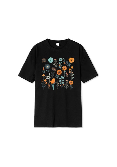Medinenur Çiçek Baskılı Unisex Tshirt Siyah