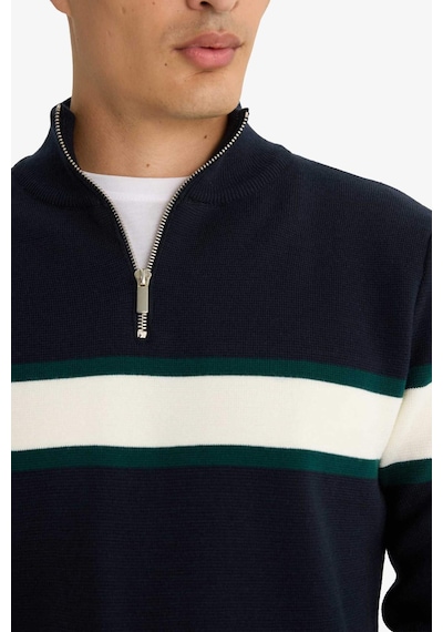 DeFacto Lacivert Standart Fit Normal Kesim Dik Yaka Fermuarlı Çizgili Triko Kazak Y4193AZ24WNNV163