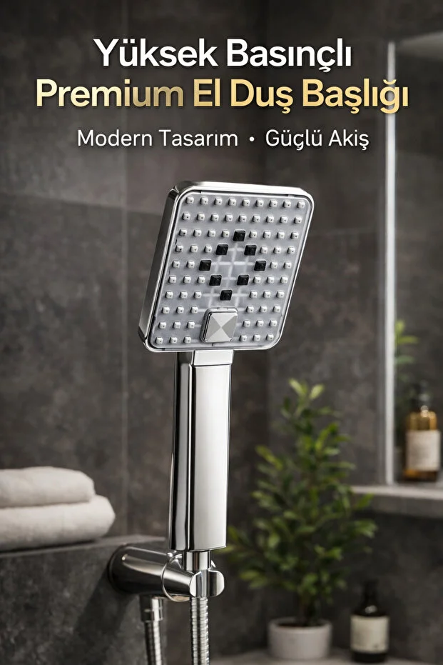 Duş Başlığı Kare 3 Fonksiyonlu Yüksek Basınçlı Su Tasarruflu Krom