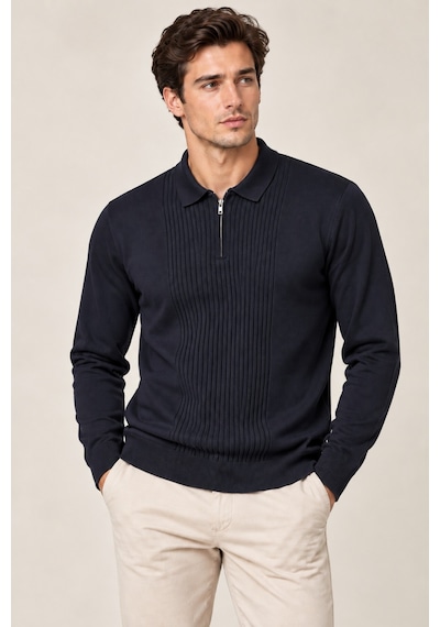 Erkek Polo Yaka Yarım Fermuarlı Önü Fitilli Slim Fit Akrilik Pamuk Triko Kazak Lacivert