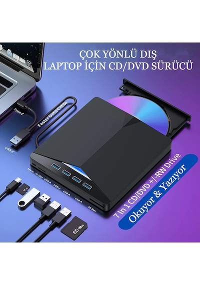 Çok Fonksiyonlu Harici Cd Dvd Sürücü 7 In 1 Harici USB 3.0 Type-c Yazıcı Okuyucu Laptop Mac Win
