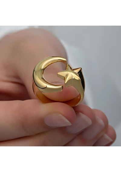 Hedivio 925 Ayar Gümüş Gold Ay Yıldız Kadın Yüzük