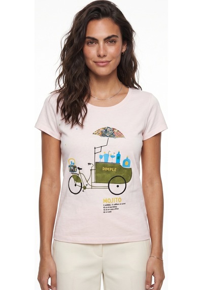 Onloox Kadın Toz Pembe Toz Pembe Pamuklu Bisiklet Yaka Kısa Kollu El İşi Nakışlı Bisiklet Baskılı T-shirt