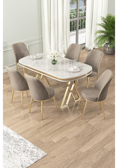 Canisa Lai Serisi 90x168 Lak Panel Beyaz Mermer Desen Gold Ayak Masa Takımı 6 Cappucino Sandalye Beyaz Mermer Desen Masa Sandalyeler Cappucino