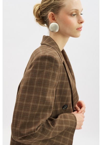 Manuka Kruvaze Ekose Blazer Ceket Kahverengi Aw25ckt00017-122 Kahverengi