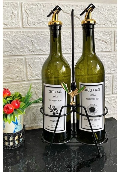 Zeytin Yaprağı Figürlü Vidalı Siyah Stand Yeşil 750 Ml Şişe Akıtı