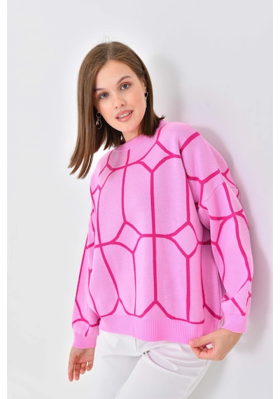 Park Karon Kadın Bisiklet Yaka Desenli Oversize Triko Kazak 224403 Pembe