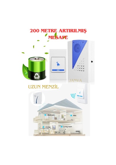 200 Metre Mesafeli Kablosuz Kapı Zili 36 Melodili