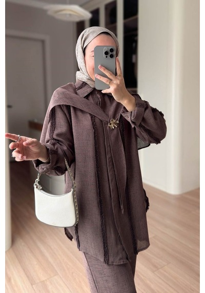 Ka Hijab Omuz Fular Detaylı 3'lü Takım - Kahverengi