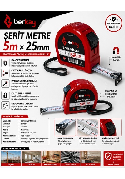 Berkay Şerit Metre 5 M 25 Mm Manyetik Kanca, Çift Taraflı Ölçüm, Darbeye Dayanıklı Kılıf