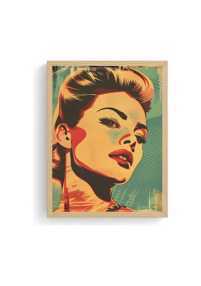 Doğal Ahşap Çerçeveli Pop Art Portre Tablo - Sarı Kırmızı Tonlar Huhu1941