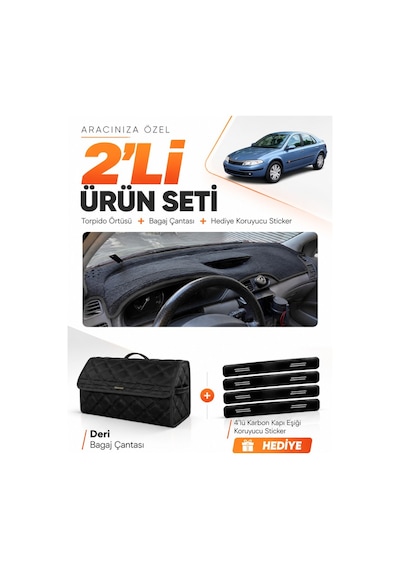 E-biz Renault Laguna 2 2002-2005 Uyumlu Torpido Örtüsü + Deri Bagaj Çantası Seti - Siyah - Re033