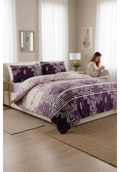 Çift Kişilik Nevresim Seti 200x220 Cm %100 Pamuk Mürdüm Geometrik Desenli Modern Tasarım