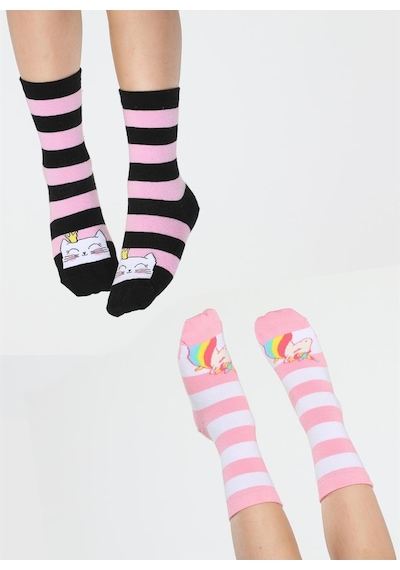 Casabony Cat&unicorn 2'li Paket Kız Çocuk Çorap-desenli