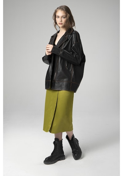 Siyah/taba Dericlub Wm019 Oversize Biker Hakiki Deri Kadın Mont