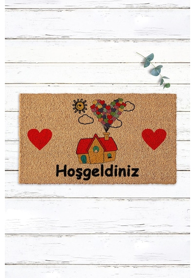 Balonlu Ev Ve Kalpler Baskılı Paspas