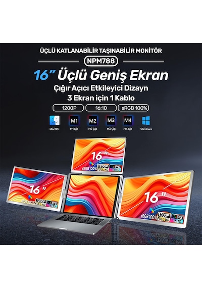 Npo Npm788 16" Fhd 1200p Ips Type-c Taşınabilir 3'lü Monitör Çoklayıcı Standlı Notebook Monitör