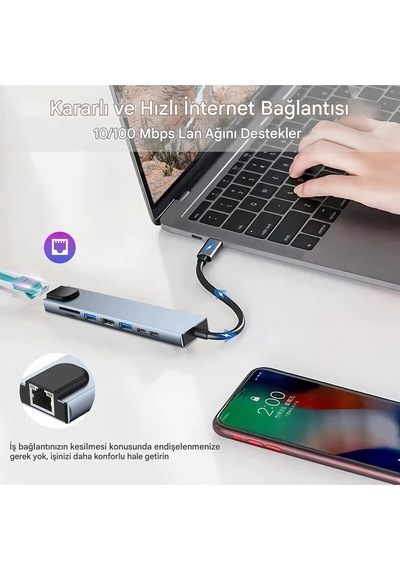 Tablet Usb Dönüştürücü Typ c usb Type Hub 8 in 1 Hdmı Sd Micro Apple Uyumlu MacBook Pro Air