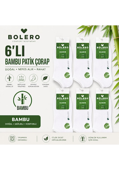 Bolero Kadın Bambu Patik Çorap 6 Lı Konforlu Ve Dayanıklı Paket Beyaz