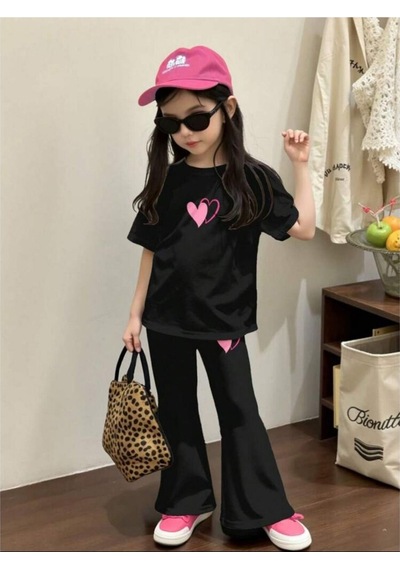 My Kids Wear Kalp Baskılı Kız Çocuk Takım Pembe