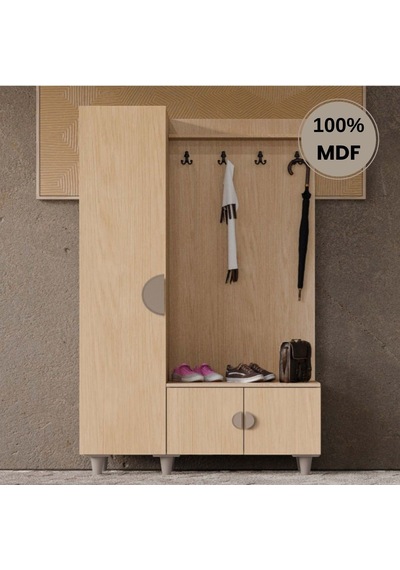 Ladin Mdf Raflı Askılıklı Ayaklı Tasarım Portmanto Ayakkabılık Bej