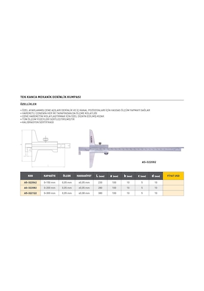 Fett 0-300mm Asimeto Tek Kanca Mekanik Derinlik Kumpası As-322122