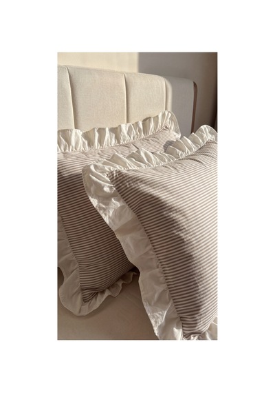 2'li Pamuklu Kumaş Beyaz Fırfırlı Çizgili Yastık Kılıfı 50x70 Cm Kahverengi - 905289691 Kahverengi