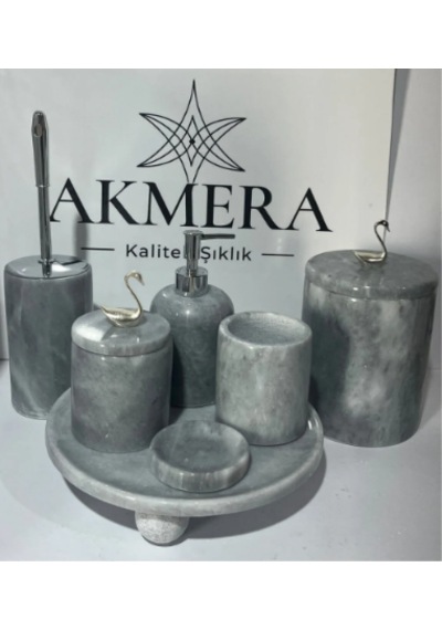 Lüks Gri Mermer Top Ayaklı 7 Parça Banyo Seti Grikuğu