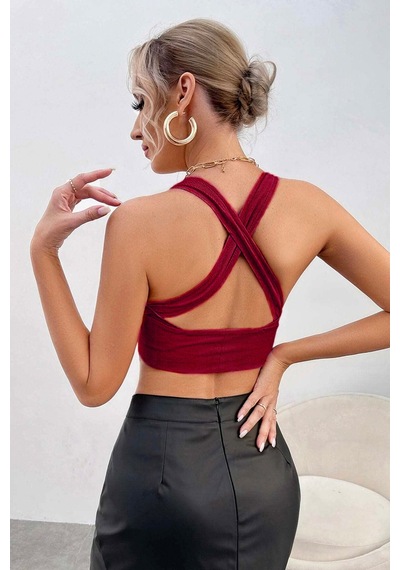 Fantezia Night Kadın Lila Çapraz Sırt Detaylı Şık Crop Top Büstiyer Bordo