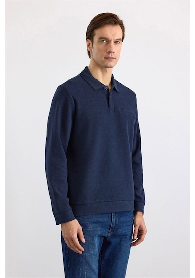 Süvari Lacivert Regular Düz Polo Yaka Sweatshirt Ssw2013700002-m09