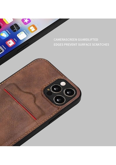 Apple Uyumlu  iPhone 12 Kartlıklı Rich Boss Lüx Deri Kılıf Açık Kahve