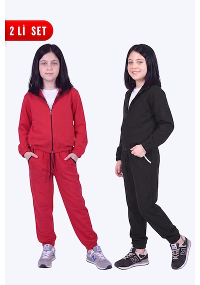 Fyk Kids Kız Çocuk 2'li Dik Yaka Fermuarlı Beli Bağcıklı Lastik Paça Eşofman Takımı Kırmızı-siyah