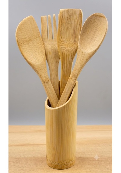Ahşap Bambu Mutfak Seti 5 Parça Stand İle Kaşık Çatal Spatula