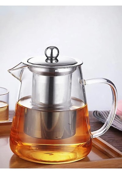 Orosilikat Cam Çelik Süzgeçli Ve Kapaklı Oval Demlik 750 ML İpek Şeffaf